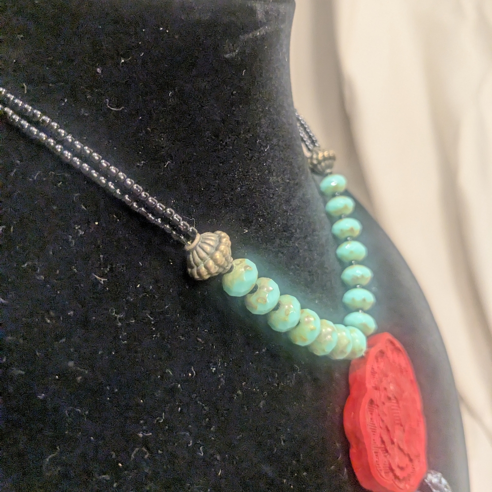 Chico's Red Cinnabar and Faceted Turquoise Beaded Necklace - Picture 7 of 9